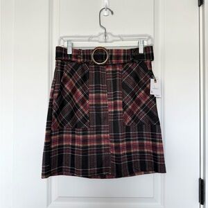 Red and Black Plaid Mini Skirt with Belt